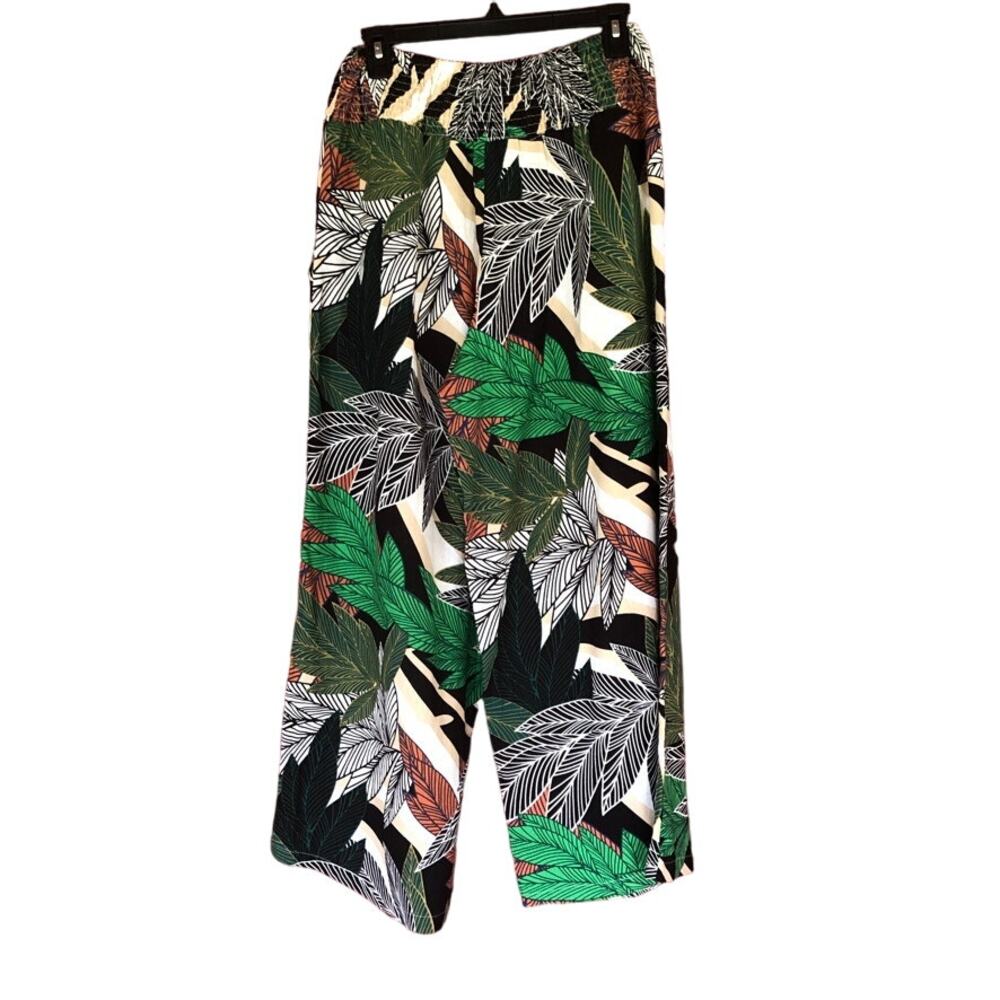 Tahari Crop Pants WideLeg Linen Blend Pullon Elastic Waist Tropical Sz L Pockets